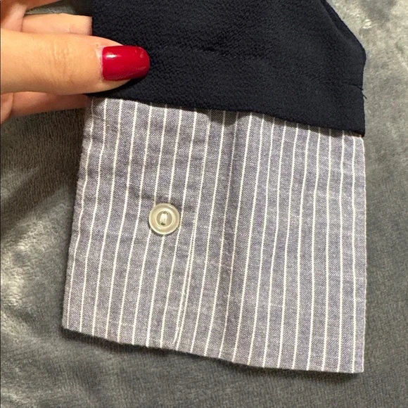 Navy Preppy Style Blouse / Attached Pin Stripe Sleeves & Collar - Picture 11 of 11